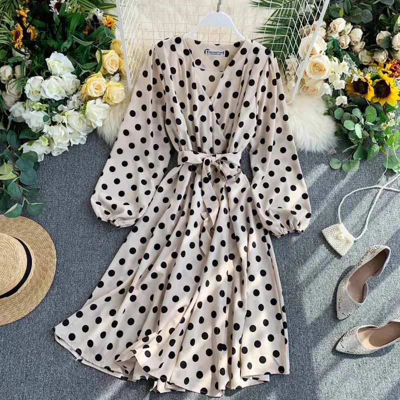 YuooMuoo Fall Korean Style Women Polka Dot Midi Dress Ins Hot Sashes Vintage Elegant Long Sleeve Green Dress Ladies Dresses - Color: Beige