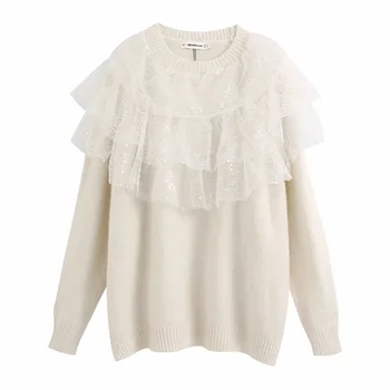 

Za women's new round neck long sleeve mesh splicing layering decoration loose Sequin embellishment sweater in early spring 2020