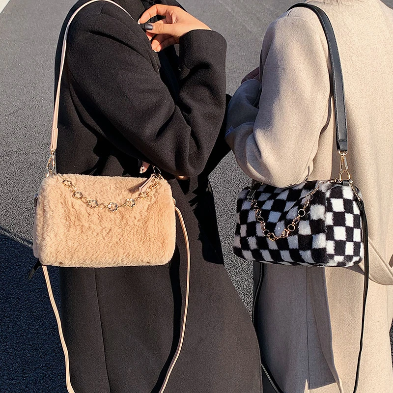 Black Fluffy Bags For Women 2021 Solid Plush Tote Bags Soft Furry Luxury Designer Handbag Korean Fashion Faux Fur Shoulder Bags