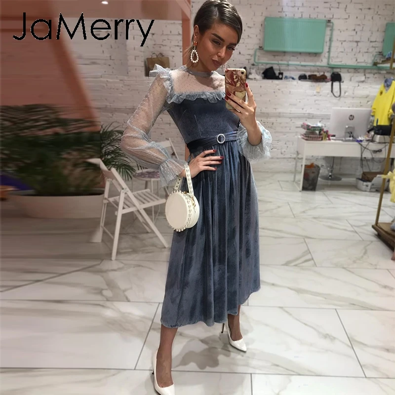 JaMerry, винтажное Женское Платье макси с высокой талией, с оборками, с пышными рукавами, платье в горошек, ТРАПЕЦИЕВИДНОЕ, с поясом, Осенние вечерние платья, бархатное платье