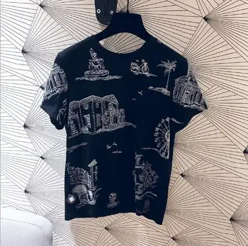 

Women Black Short Sleeve T-shirt O Neck Ink Street Painting Back Tie Bow T Shirt For Summer