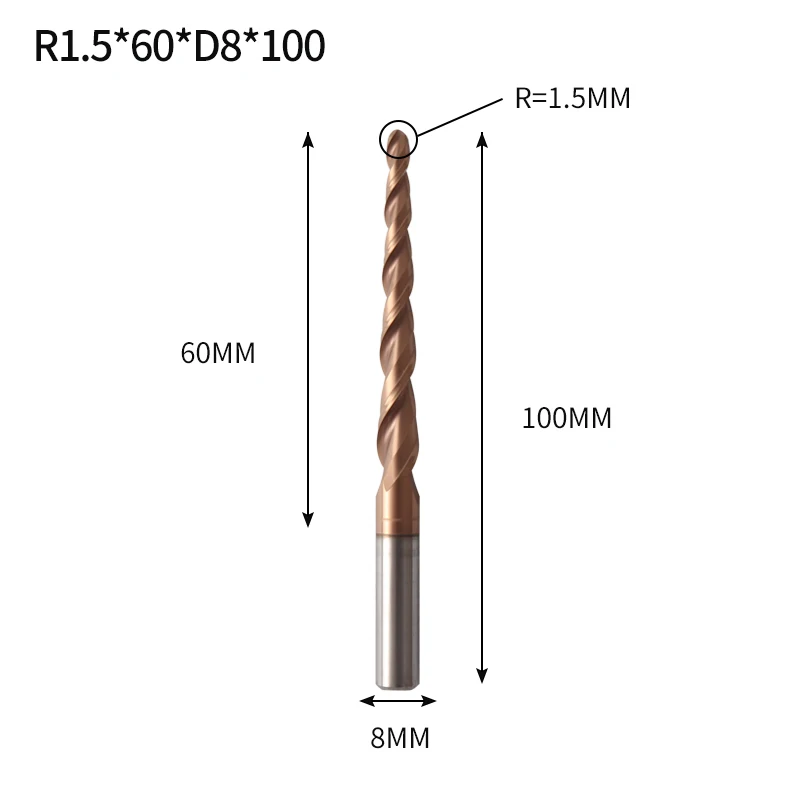 R1.5X60XD8X100L Augusttools Tapered cone Ball Nose End Mill HRC60 Cnc Taper Wood Metal Cutter Tungsten Solid Carbide Tapered Milling Cutter 4mm - Длина режущей кромки: R1.5X60XD8X100L