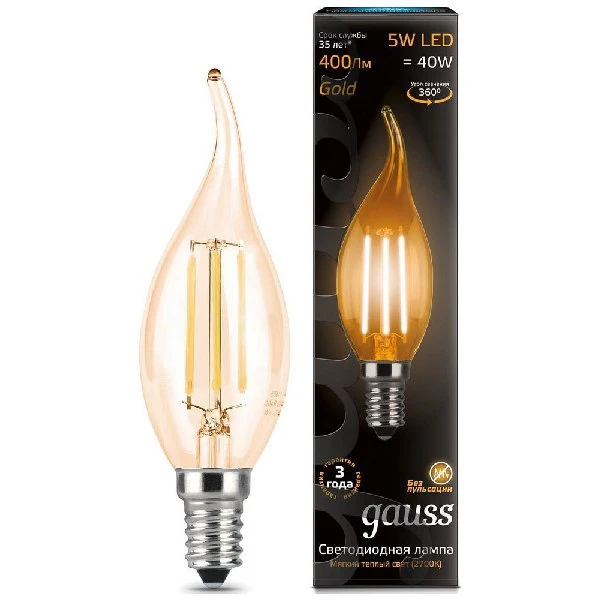 Лампа GAUSS Filament Свеча на ветру E 14 5W 2700 K Golden 104801005 | Лампы и освещение