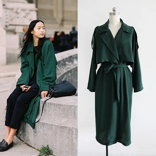Spring Autumn New European American Long Trench Coat Oversize Belt Drawstring Loose Drape Green Color Thin Trench Womens Fashion