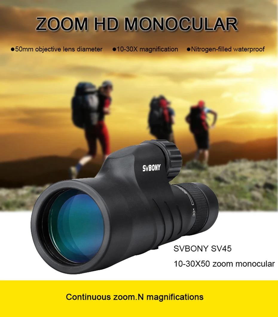 Svbony SV45 Zoom-Monokulare 10–30 x 50 BAK4 Prisma FMC IPx7 wasserdichtes Teleskop mit hoher Vergrößerung Campingausrüstung – Detail 8