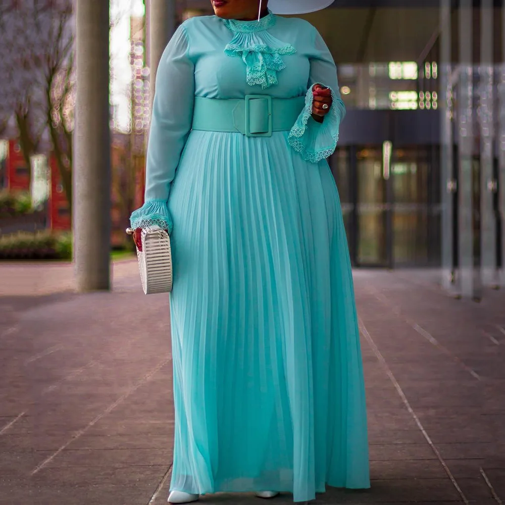 Большие размеры Осеннее длинное Плиссированное Платье макси с длинным рукавом