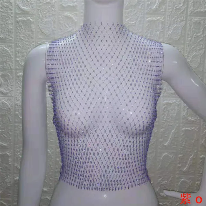 Festival Queen Sexy Diamonds Mesh Cropped Tank Top Women Summer Cover Up Bikini See Through Rhinestone Net Party Club Crop Top - Цвет: Purple O-neck