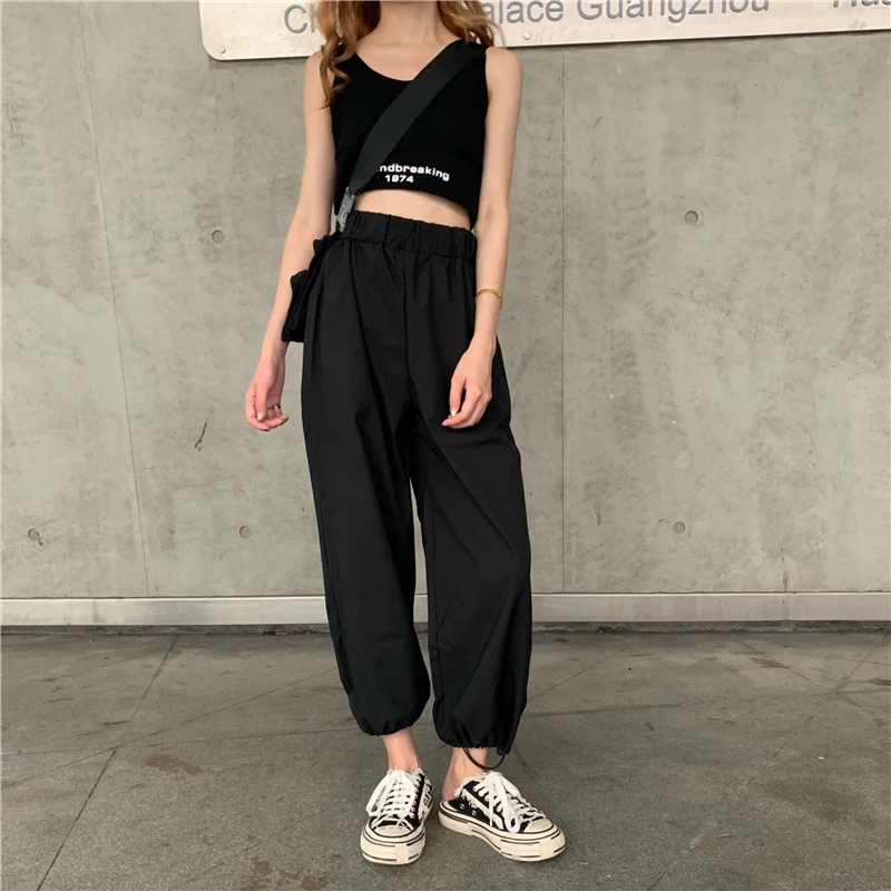 Joggers спортивные штаны женские 2019 свободные спортивные штаны-шаровары с эластичной резинкой на талии, однотонные брюки длиной до щиколотки