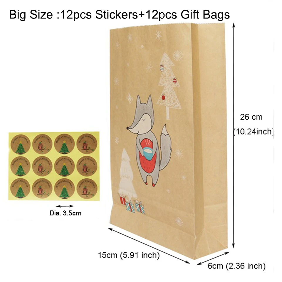 Tronzo Christmas Paper Bags 12Pcs/set Kraft Paper Baking Candy Snack Gift Bag With 12pcs Xmas Tree Stickers Navidad Decoration