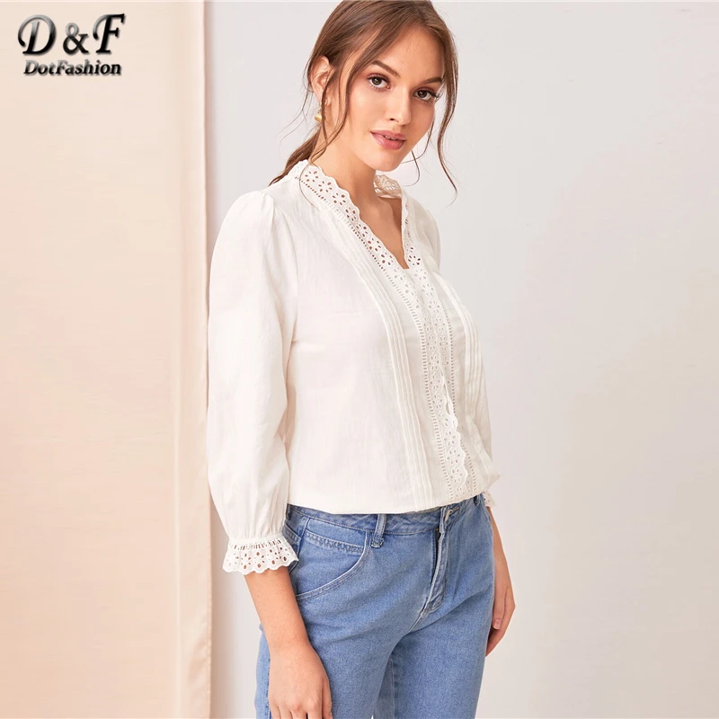 Dotfashion/Белое кружево, вышитая плиссированная блузка,, осень, 3/4, рукав, блузки, Женский однотонный рукав-волан, Топ