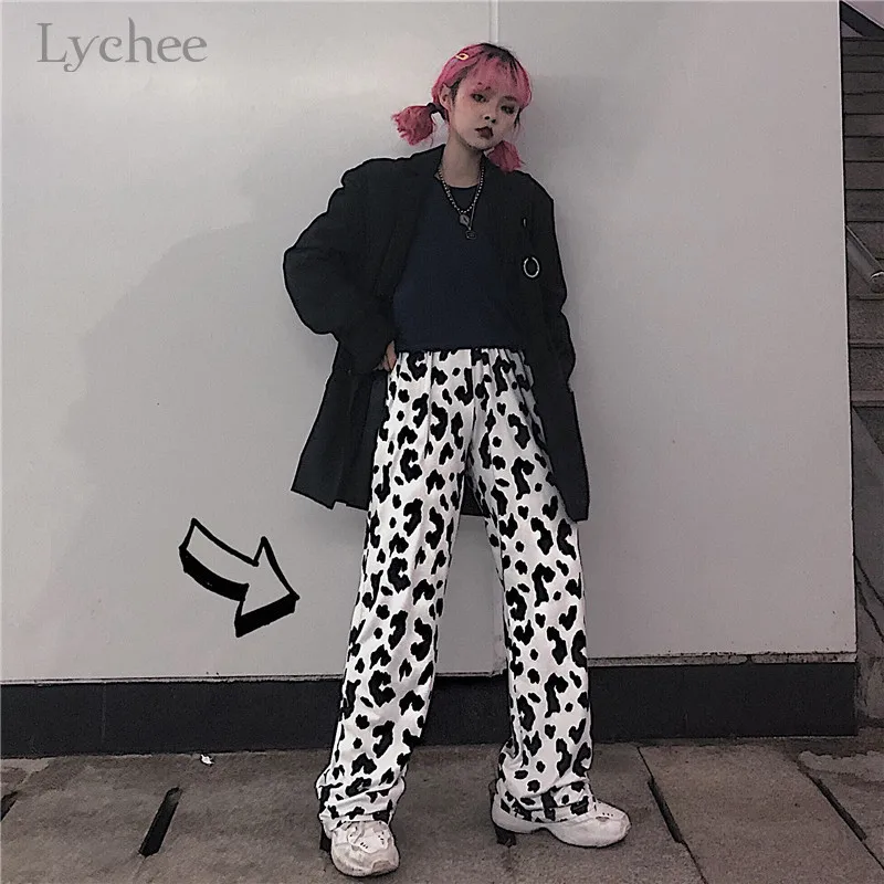 Lychee женские брюки с рисунком коровы в стиле Харадзюку, женские брюки с эластичным поясом и широкими штанинами, повседневные свободные весенне-осенние женские брюки
