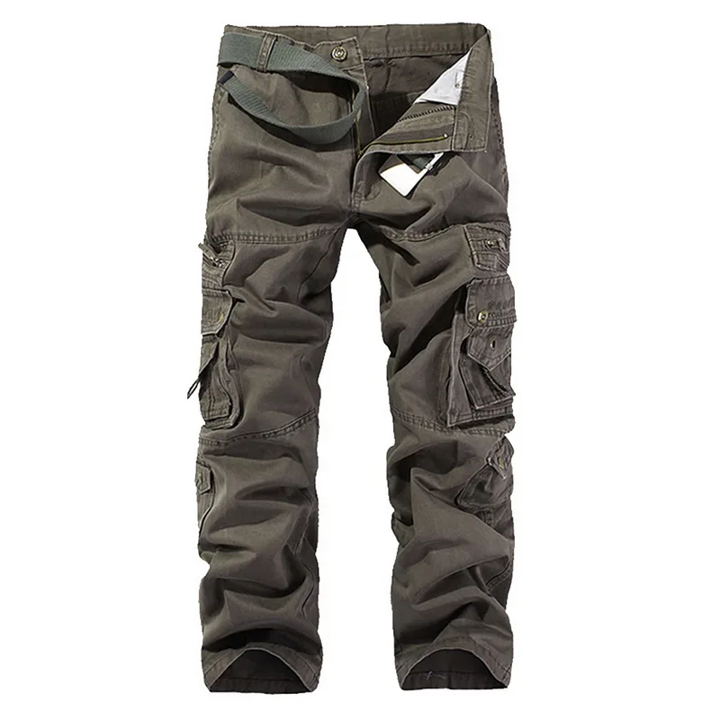 Dark army green Мужские модные однотонные брюки-сафари Новые повседневные тонкие прямые свободные мульти-карманы спортзалы фитнесс мягкие спортивные брюки - Цвет: Dark army green