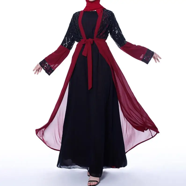 Red cardigan Открытый блесток абайя турецкое кимоно мусульманский хиджаб платье Исламская одежда Абая для женщин Оман кафтан Marocain кафтан молитва одежда - Цвет: Red cardigan