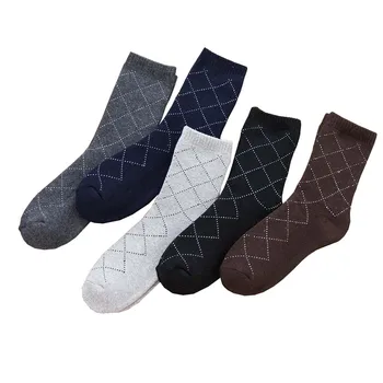 

Winter Men's Warmth Thick Diamond Lattice Pure Cotton Harajuku Retro Fashion Business Socks 5 Pair