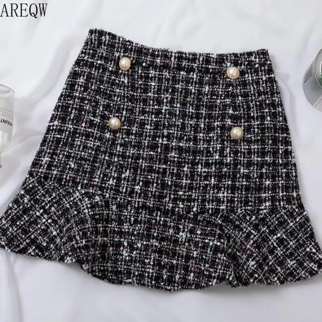 New Korean of High Waist Tweed Skirt with Button Wool Half-length Black Skirt Autumn Winter