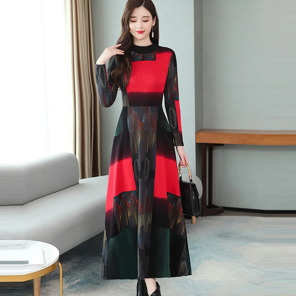 

KANCOOLD DRESS Fashion Elegant O-Neck Long Sleeve Patchwork Slim Long A-Line Dress vintage Casual new dress momen 2020FEB26