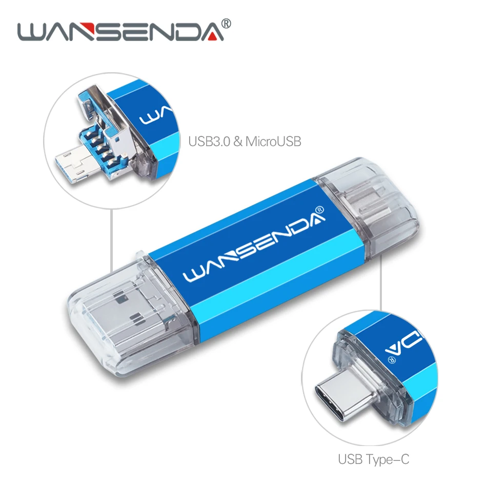 WANSENDA OTG USB флеш-накопитель 3 в 1 0 & Type C Micro usb Флешка 32 Гб 64 128 ГБ 256 512
