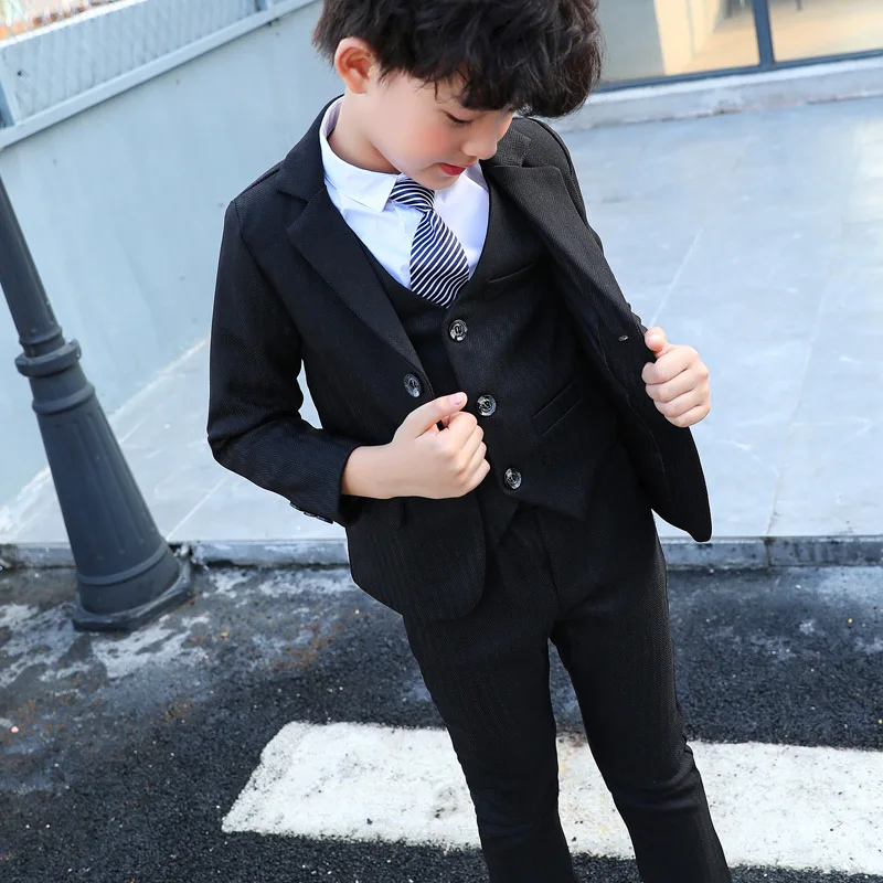 Children's Small Suit Autumn And Winter New Boys Striped Three-Piece Suit Jacket Vest Pants Flower Girl Wedding Birthday Dress - Цвет: Черный