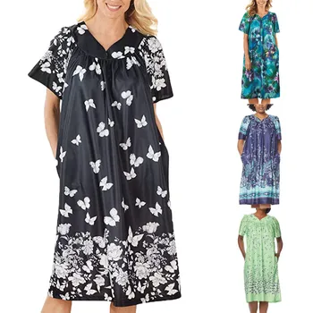

2020 summer loose printed nightdress Lounger House Dress with Pockets Women Nightgown Sleepwear Nightdress Tracksuit