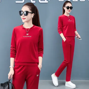 

DHfinery 2 piece set women long sleeve Sweatershirt and trousers pink yellow red casual clothes women plus size M-4XL bs219