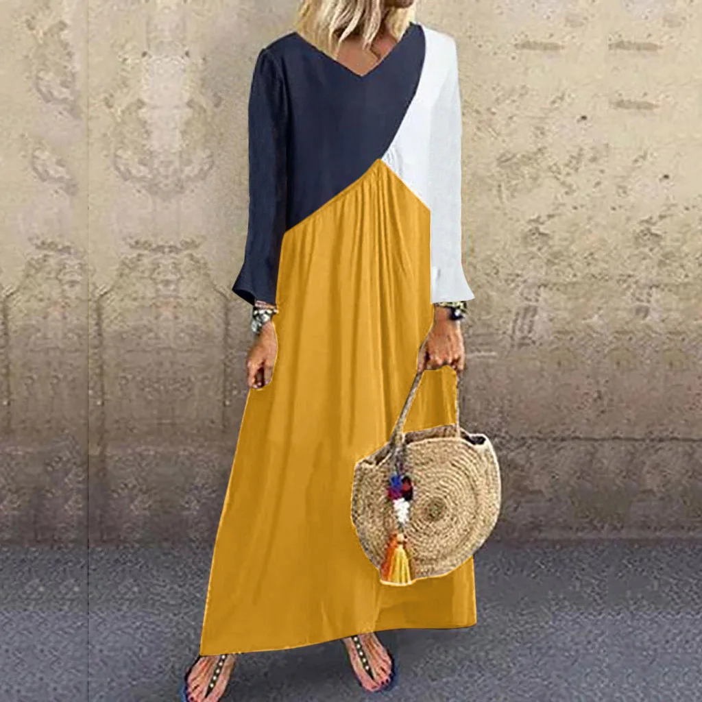 Boho Chic Plus Size Maxi Long Dress Women Casual Loose Color Block Dress Patchwork Short Sleeve Beach Summer Dresses Women