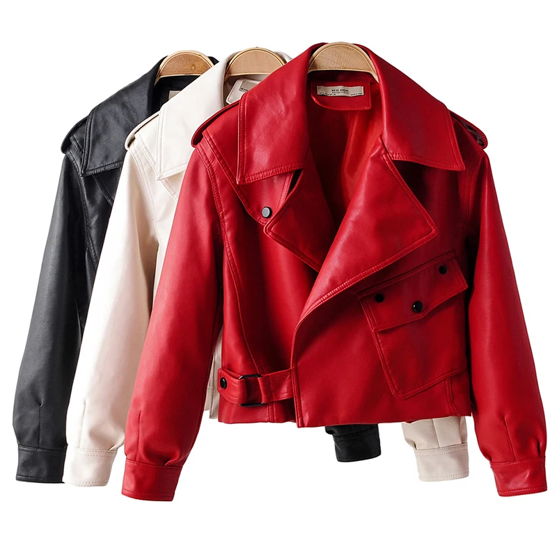 

Women Faux Leather Jacket Pu Motorcycle Biker Red Coat Turndown Collar Loose Streetwear Black Punk Outerwear 2020 winter