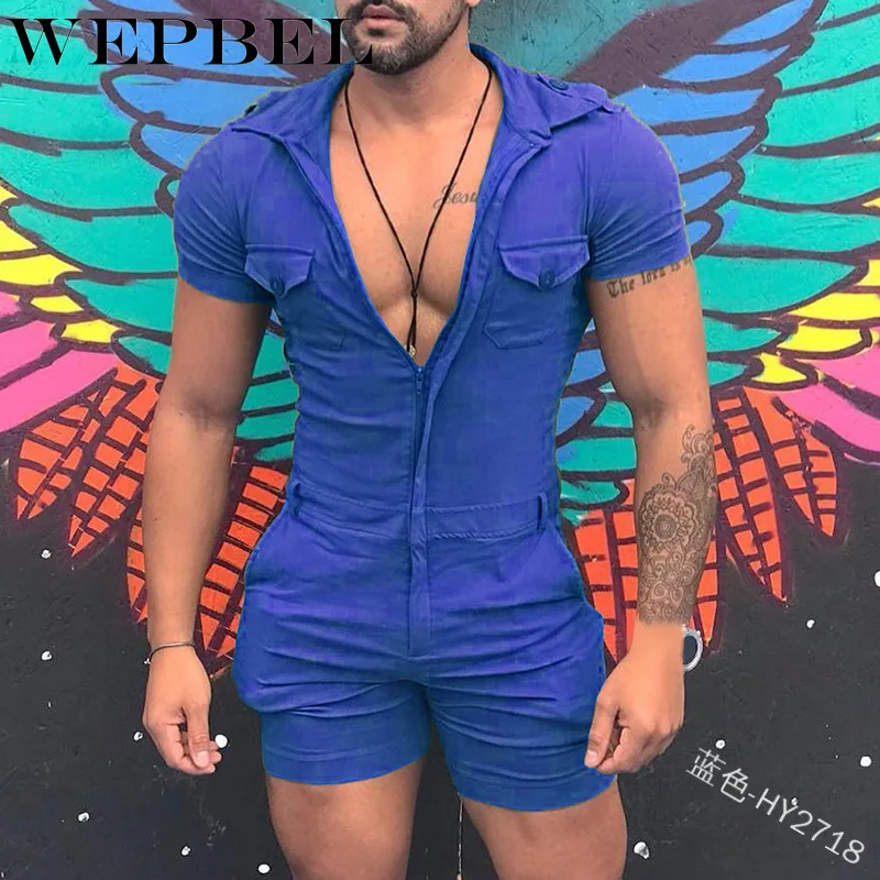 

WEPBEL Zipper Short Sleeve Hooded Rompers Pants with Pockets Overalls Men's One Piece Tight Fitness Jumpsuit