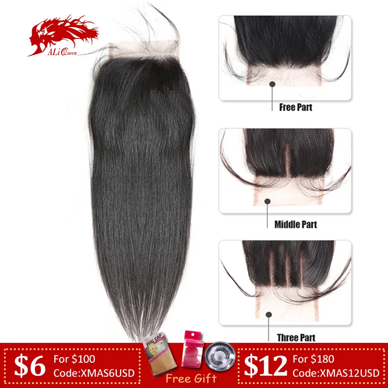 Baratos Ali cabello virgen Queen HD Cierre de encaje transparente pelo lacio brasileño 4X4 libre Medio 3 partes 10 \