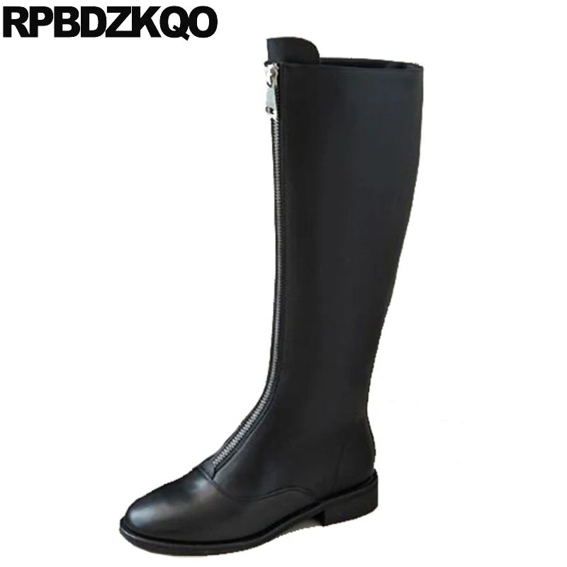Fashion Front Zipper Knee High Block Boots Low Heel 2021 Black Fur Round Toe Long Chunky Luxury Brand Shoes Women Tall Winter | Обувь