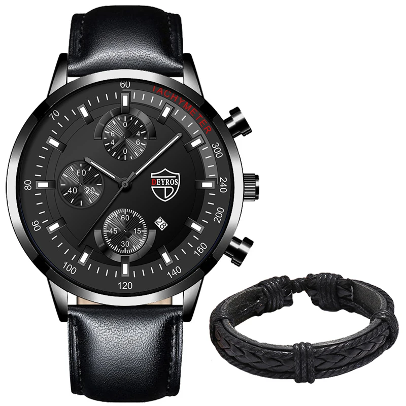 Luxury Mens Leather Watches Stainless Steel Fashion Calendar Quartz Wrist Watch Leather Bracelet Male Business Luminous Clock 