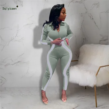 

Women Sexy Long Sleeve Patchwork Orange Gray Jumpsuits Streetwear Zipper Reflective Strip Bodycon Romper Overall Plus Size 2XL