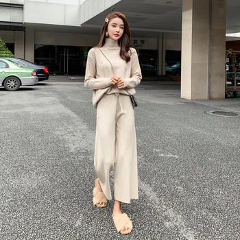 

2020 Women Solid 2 Piece Set Outfits Sweater Half Turtleneck Top+loose Drawstring Straight Pants Office Lady Winter Knitted Suit
