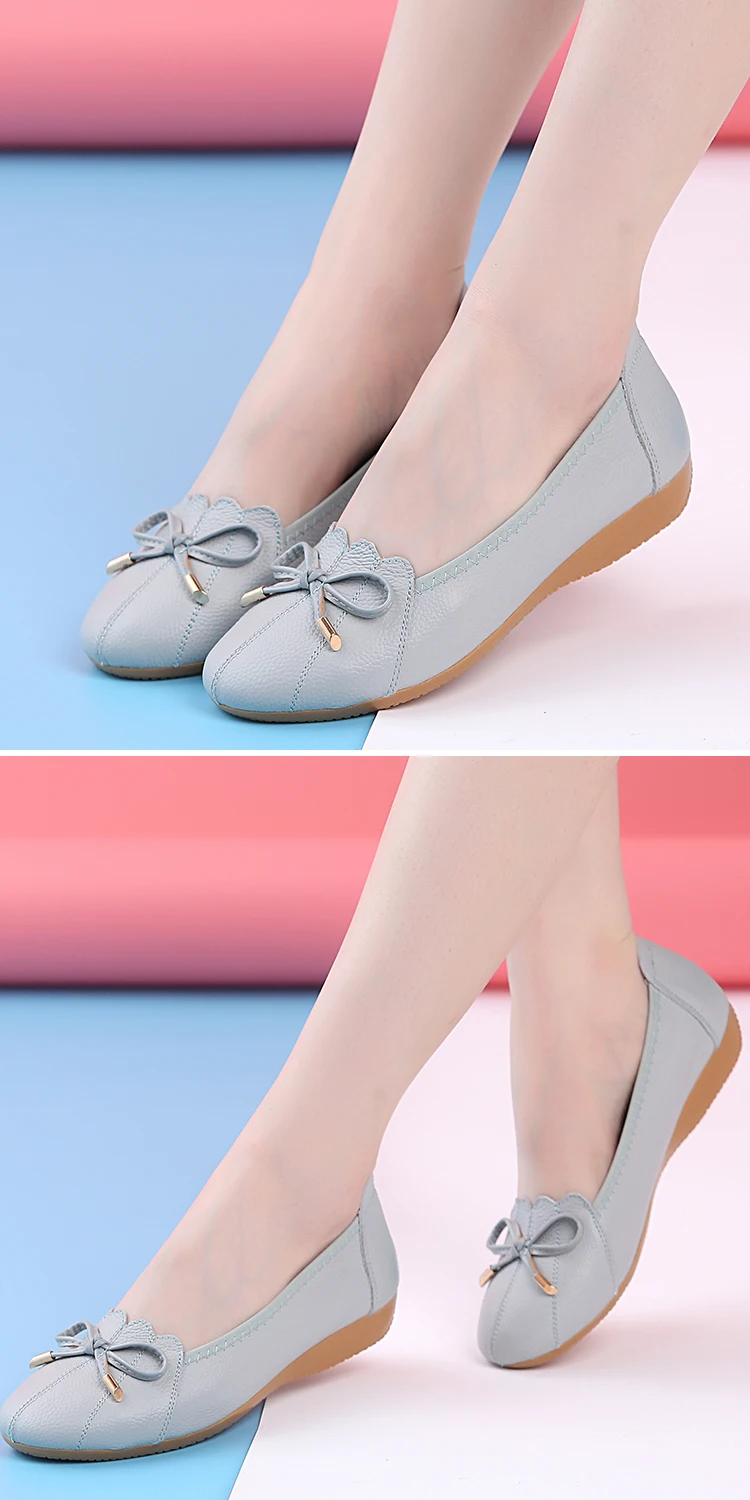 OUKAHUI Spring Autumn Soft Bottom Genuine Leather Ballet Flats With Bow Shoes For Women Loafers Shallow Slip-On Flat Shoes Women