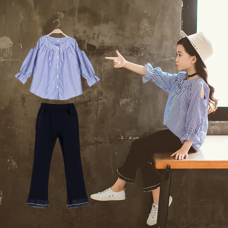 

Fall Winter Clothes For Girls Flare Sleeve Cotton Striped Shirt Girls+Boot Cut Pants Trousers Children Kids Girls Clothing Sets