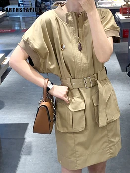 

Free shipping Contrast thread bat sleeve bandage waist waist tooling pocket straight dress ladies summer new loose vintage