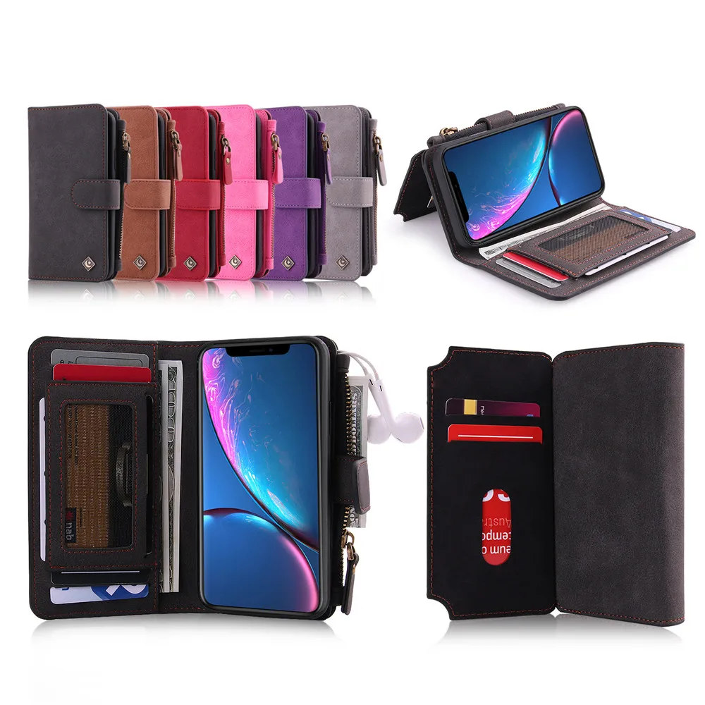 

Multi-Use Zipper Phone Holster PU Wallet Case for iPhone 7 8 Plus X XR XS MAX Full Protection Magnet Cover 11 Card Slot 2 Purse