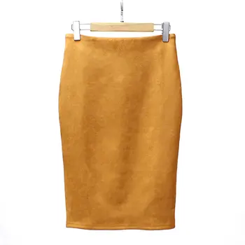 

Jampelle 2017 Winter Gray Pink Women Suede Midi Pencil Skirts Causal High Waist Sexy Stretch Ladies Office Work Wear Split Skirt