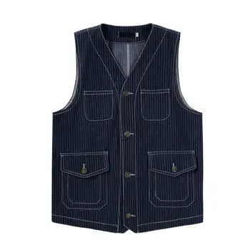 

Men's Striped Vest Jackets Cotton Casual Sleeveless V Collar Jacket Coat Men Travel Fishing Pockets Outerwear Waistcoat Male