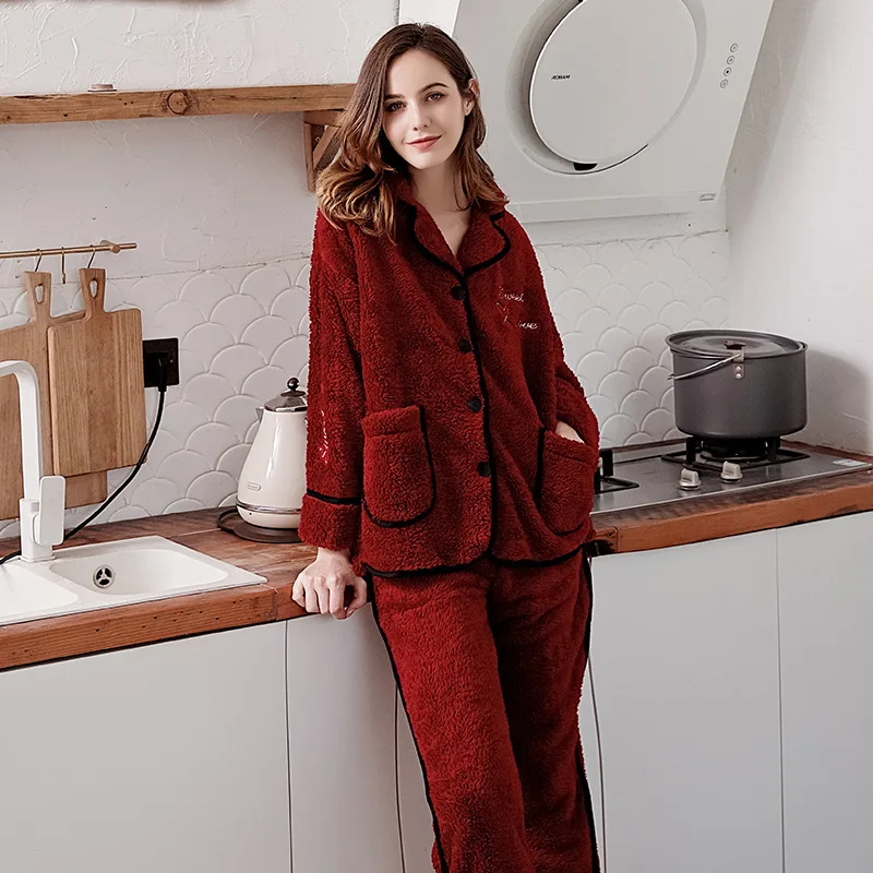 

Winter Pajamas Set Women Sleepwear Warm Burgundy Flannel Long Sleeves Pajamas Cute Homewear Thick Home Suit Soft Sexy Nightwear