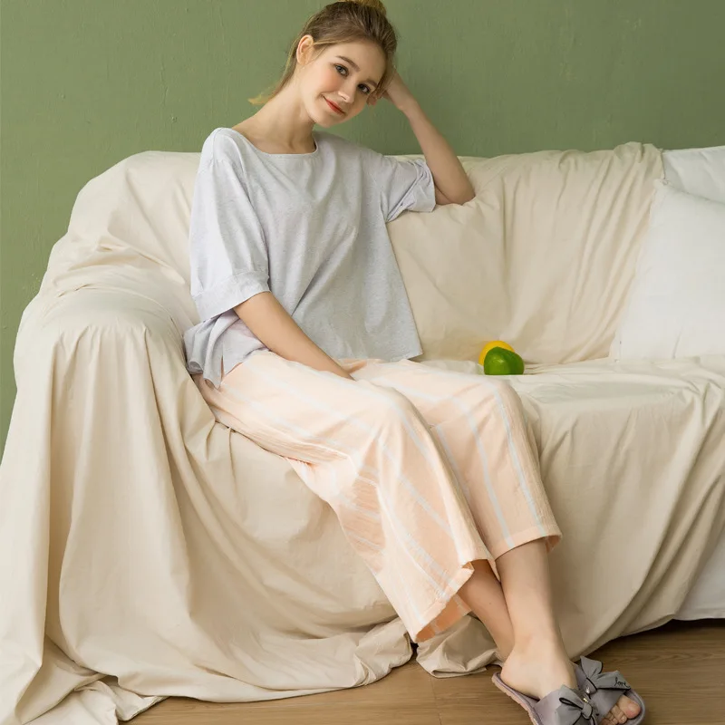 

New spring and summer silk cotton suit short-sleeved shorts trousers women's pure cotton yarn-dyed pajamas home service pajamas
