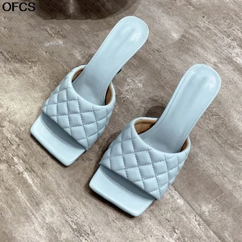 

Summer Woman Slippers Sandals New Fashion Women Mules Design slippers Sandals Square sole slides High heel 9CM Women shoes