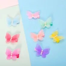 Южная Корея Детские аксессуары для волос Милая принцесса Жемчуг шифон Заколка-бабочка клип девушки боковая заколка Девочка головной убор