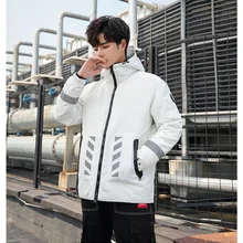 Осенняя и зимняя мужская трендовая плюшевая куртка средней длины на молнии с принтом, повседневный пуховик с капюшоном для мужчин