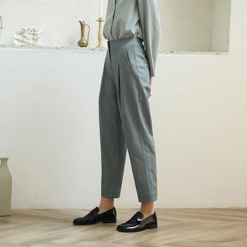 [DEAT] High Waist Pocket Pleated Ankle-Length Trousers New Loose Fit Harem Pants Women Fashion Tide Spring Autumn 13E200