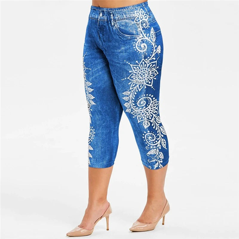 Женские джинсовые леггинсы с принтом эластичные короткие леггинсы-капри высокой