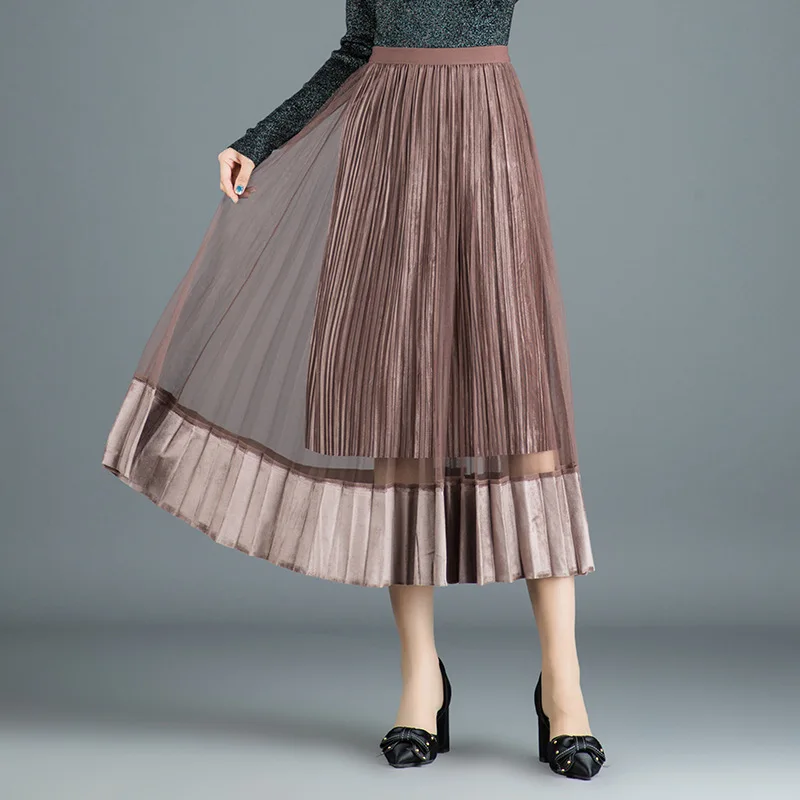 

Network Mesh Dress Pleated Skirt A- type Skirt Versatile High-waisted Gold Velvet Korean-style Mid-length Mesh Dress Autumn 2019
