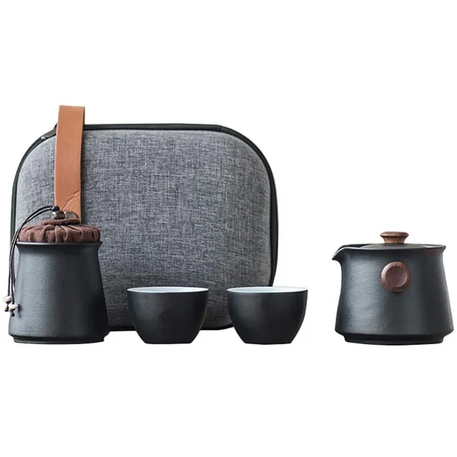$US $55.20 Travel Ceramic Tea Set Sandalwood Handle Teacups Set with Tea Caddy and Double-layer Anti-collision Cloth Bag