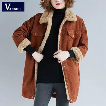 

Vangull Autumn Winter Corduroy Basic Long Jacket Lambswool Bomber Jacket Women Long Sleeve Jacket Casual Single Breasted Jacket