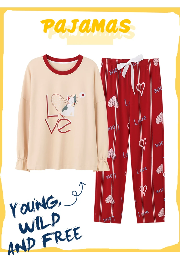 Autumn New Cotton Printing Lapel Top+ Long Pant 2 Piece Sets Pajamas Set For Women Cute Sleepwear Girls Pyjama M L XL XXL
