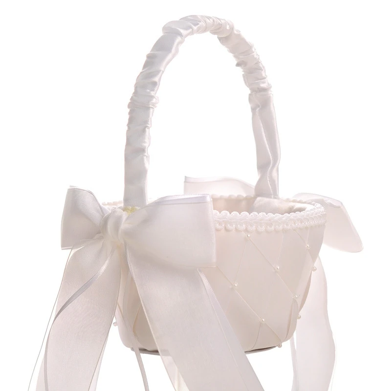 NEW Ivory Satin Bowknot Pearl Flower Girl Basket for Wedding Ceremony Party 